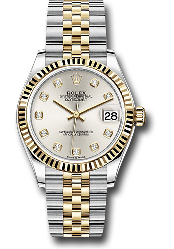 Rolex Steel and Yellow Gold Datejust 31 Watch - Fluted Bezel - Silver Diamond Dial - Jubilee Bracelet