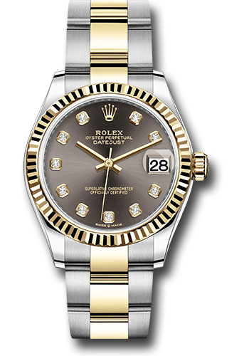 Rolex Steel and Yellow Gold Datejust 31 Watch - Fluted Bezel - Dark Grey Diamond Dial - Oyster Bracelet