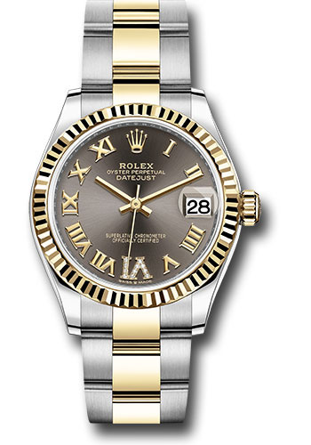 Rolex Steel and Yellow Gold Datejust 31 Watch - Fluted Bezel - Dark Grey Diamond Roman Six Dial - Oyster Bracelet