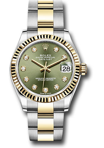 Rolex Steel and Yellow Gold Datejust 31 Watch - Fluted Bezel - Olive Green Diamond Dial - Oyster Bracelet
