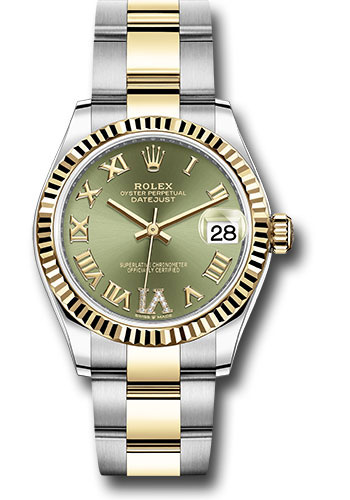 Rolex Steel and Yellow Gold Datejust 31 Watch - Fluted Bezel - Olive Green Diamond Roman Six Dial - Oyster Bracelet
