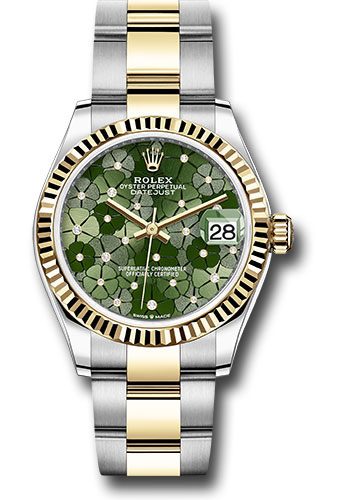 Rolex Yellow Rolesor Datejust 31 Watch - Fluted Bezel - Olive Green Floral Motif Diamond 6 Dial - Oyster Bracelet