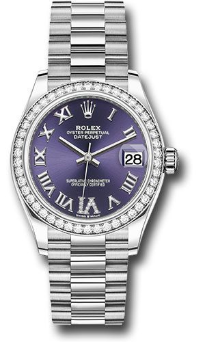 Rolex White Gold Datejust 31 Watch - Diamond Bezel - Aubergine Diamond Roman Dial - President Bracelet