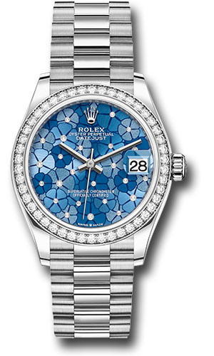 Rolex White Gold Datejust 31 Watch - Diamond Bezel - Azzurro Blue Floral Motif Diamond Dial - President Bracelet