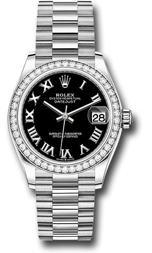 Rolex White Gold Datejust 31 Watch - Diamond Bezel - Bright Black Roman Dial - President Bracelet