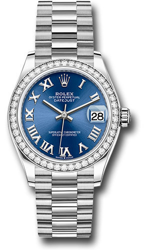 Rolex White Gold Datejust 31 Watch - Diamond Bezel - Bright Blue Roman Dial - President Bracelet