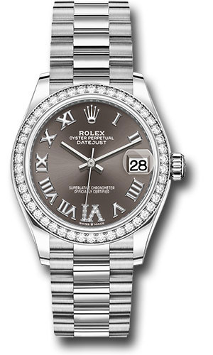 Rolex White Gold Datejust 31 Watch - Diamond Bezel - Dark Grey Diamond Roman Dial - President Bracelet