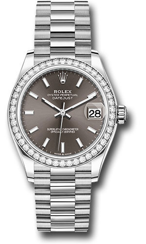 Rolex White Gold Datejust 31 Watch - Diamond Bezel - Dark Grey Index Dial - President Bracelet