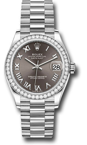 Rolex White Gold Datejust 31 Watch - Diamond Bezel - Dark Grey Roman Dial - President Bracelet