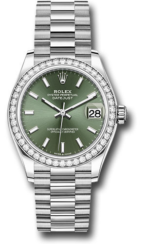 Rolex White Gold Datejust 31 Watch - Diamond Bezel - Mint Green Index Dial - President Bracelet