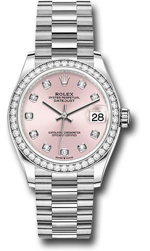 Rolex White Gold Datejust 31 Watch - Diamond Bezel - Pink Diamond Dial - President Bracelet