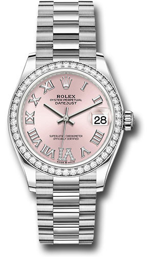 Rolex White Gold Datejust 31 Watch - Diamond Bezel - Pink Diamond Roman Dial - President Bracelet
