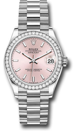 Rolex White Gold Datejust 31 Watch - Diamond Bezel - Pink Index Dial - President Bracelet