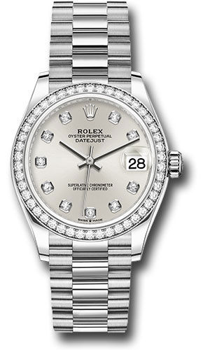 Rolex White Gold Datejust 31 Watch - Diamond Bezel - Silver Diamond Dial - President Bracelet