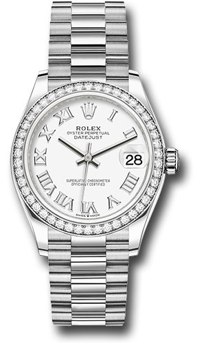Rolex White Gold Datejust 31 Watch - Diamond Bezel - White Roman Dial - President Bracelet