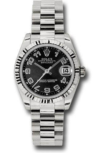 Rolex White Gold Datejust 31 Watch - Fluted Bezel - Black Concentric Circles Arabic Dial - President Bracelet