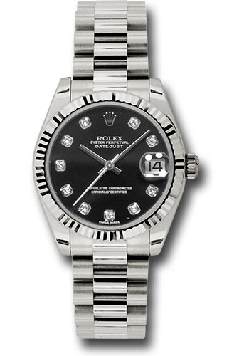 Rolex White Gold Datejust 31 Watch - Fluted Bezel - Black Diamond Dial - President Bracelet