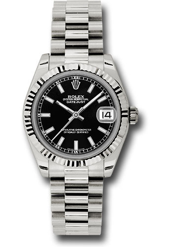 Rolex White Gold Datejust 31 Watch - Fluted Bezel - Black Index Dial - President Bracelet