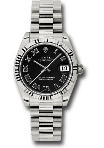 Rolex White Gold Datejust 31 Watch - Fluted Bezel - Black Roman Dial - President Bracelet