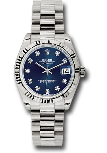 olex White Gold Datejust 31 Watch - Fluted Bezel - Blue Diamond Dial - President Bracelet