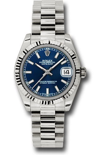 Rolex White Gold Datejust 31 Watch - Fluted Bezel - Blue Index Dial - President Bracelet