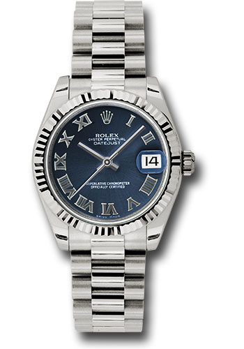 Rolex White Gold Datejust 31 Watch - Fluted Bezel - Blue Roman Dial - President Bracelet