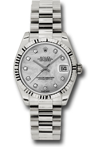 Rolex White Gold Datejust 31 Watch - Fluted Bezel - Mother-Of-Pearl Diamond Dial - President Bracelet