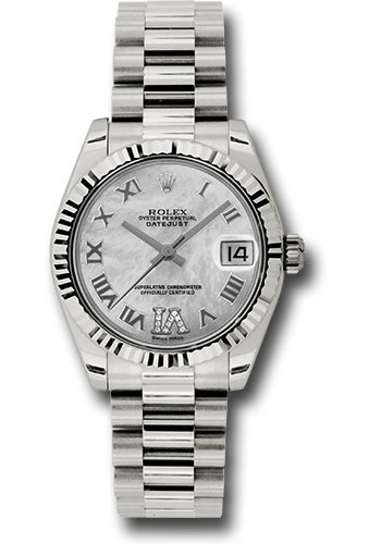 Rolex White Gold Datejust 31 Watch - Fluted Bezel - Mother-Of-Pearl Diamond Roman Vi Roman Dial - President Bracelet