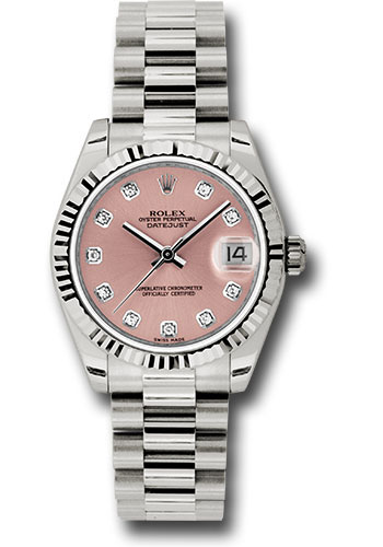 Rolex White Gold Datejust 31 Watch - Fluted Bezel - Pink Diamond Dial - President Bracelet