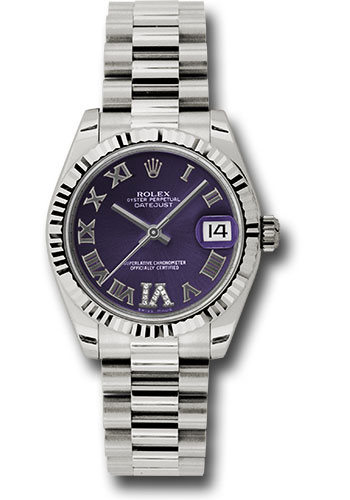 Rolex White Gold Datejust 31 Watch - Fluted Bezel - Purple Diamond Roman Vi Roman Dial - President Bracelet