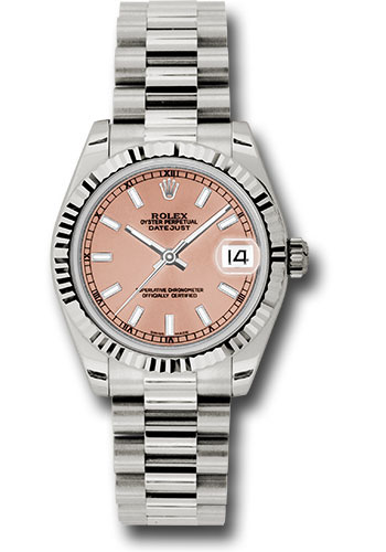 Rolex White Gold Datejust 31 Watch - Fluted Bezel - Pink Index Dial - President Bracelet