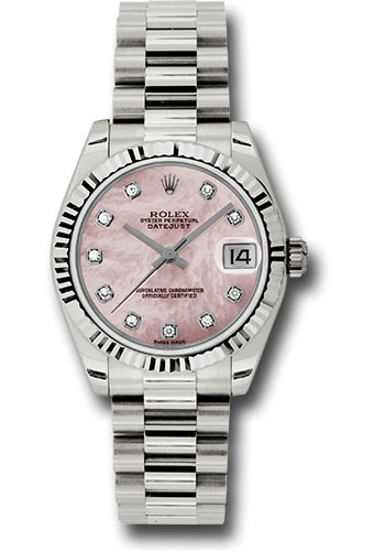 Rolex White Gold Datejust 31 Watch - Fluted Bezel - Pink Mother-Of-Pearl Diamond Dial - President Bracelet