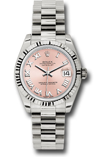 Rolex White Gold Datejust 31 Watch - Fluted Bezel - Pink Roman Dial - President Bracelet