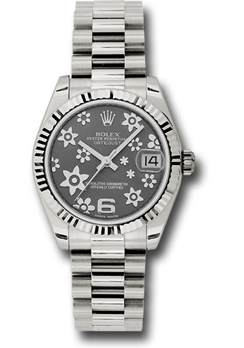 Rolex White Gold Datejust 31 Watch - Fluted Bezel - Dark Rhodium Floral Motif Dial - President Bracelet