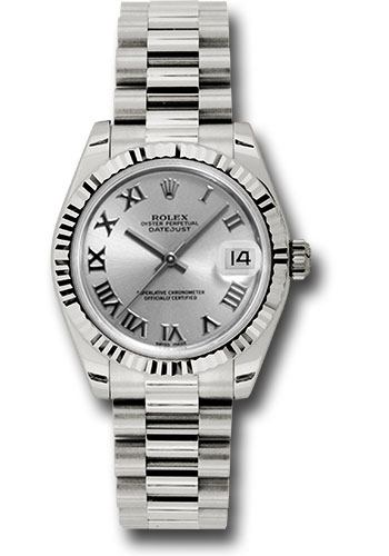 Rolex White Gold Datejust 31 Watch - Fluted Bezel - Rhodium Roman Dial - President Bracelet