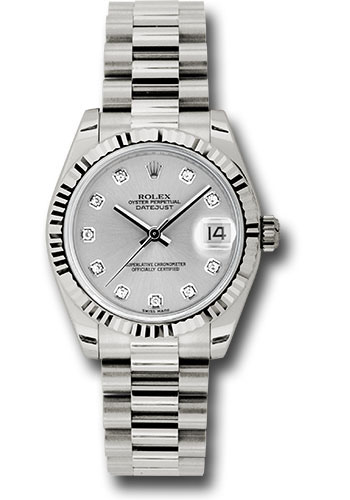 Rolex White Gold Datejust 31 Watch - Fluted Bezel - Silver Diamond Dial - President Bracelet