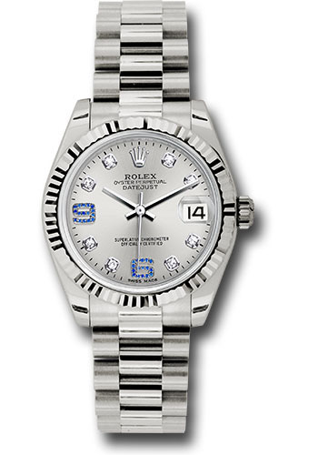 Rolex White Gold Datejust 31 Watch - Fluted Bezel - Silver Diamond Sapphire 6 And 9 Diamond Dial - President Bracelet