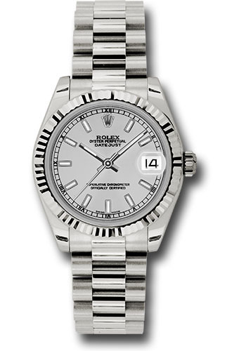 Rolex White Gold Datejust 31 Watch - Fluted Bezel - Silver Index Dial - President Bracelet