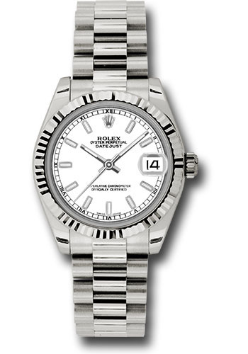 Rolex White Gold Datejust 31 Watch - Fluted Bezel - White Index Dial - President Bracelet