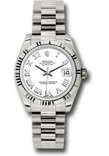 Rolex White Gold Datejust 31 Watch - Fluted Bezel - White Roman Dial - President Bracelet