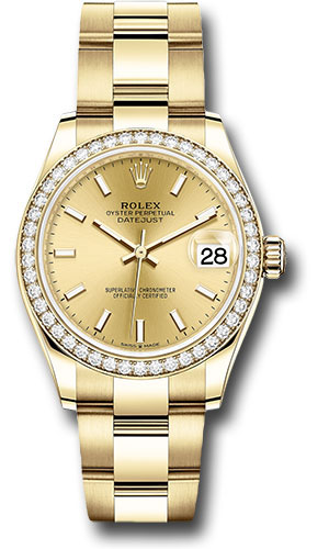 Rolex Yellow Gold Datejust 31 Watch - Diamond Bezel - Champagne Index Dial - Oyster Bracelet