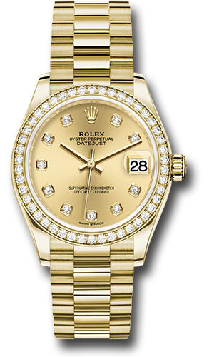 Rolex Yellow Gold Datejust 31 Watch - Diamond Bezel - Champagne Diamond Dial - President Bracelet