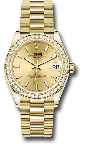 Rolex Yellow Gold Datejust 31 Watch - Diamond Bezel - Champagne Index Dial - President Bracelet