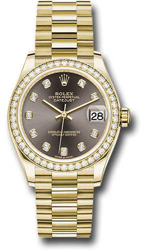 Rolex Yellow Gold Datejust 31 Watch - Diamond Bezel - Dark Grey Diamond Dial - President Bracelet