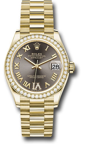Rolex Yellow Gold Datejust 31 Watch - Diamond Bezel - Dark Grey Diamond Six Dial - President Bracelet