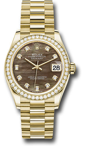 Rolex Yellow Gold Datejust 31 Watch - Diamond Bezel - Dark Mother-of-Pearl Diamond Dial - President Bracelet