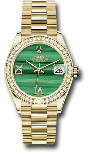 Rolex Yellow Gold Datejust 31 Watch - Diamond Bezel - Malachite Diamond Six and Nine Dial - President Bracelet