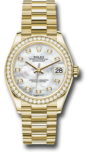 Rolex Yellow Gold Datejust 31 Watch - Diamond Bezel - Mother-of-Pearl Diamond Dial - President Bracelet