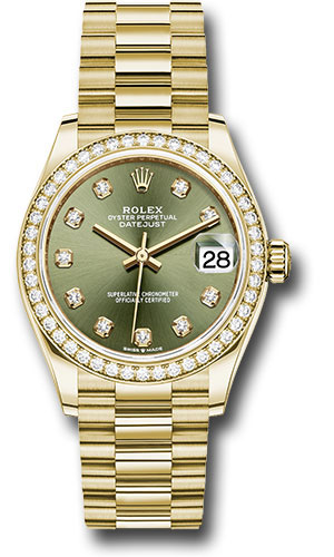 Rolex Yellow Gold Datejust 31 Watch - Diamond Bezel - Olive Green Diamond Dial - President Bracelet