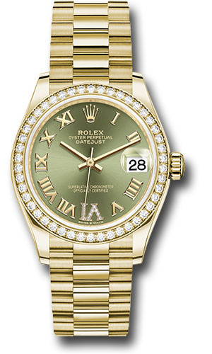 Rolex Yellow Gold Datejust 31 Watch - Diamond Bezel - Olive Green Diamond Six Dial - President Bracelet